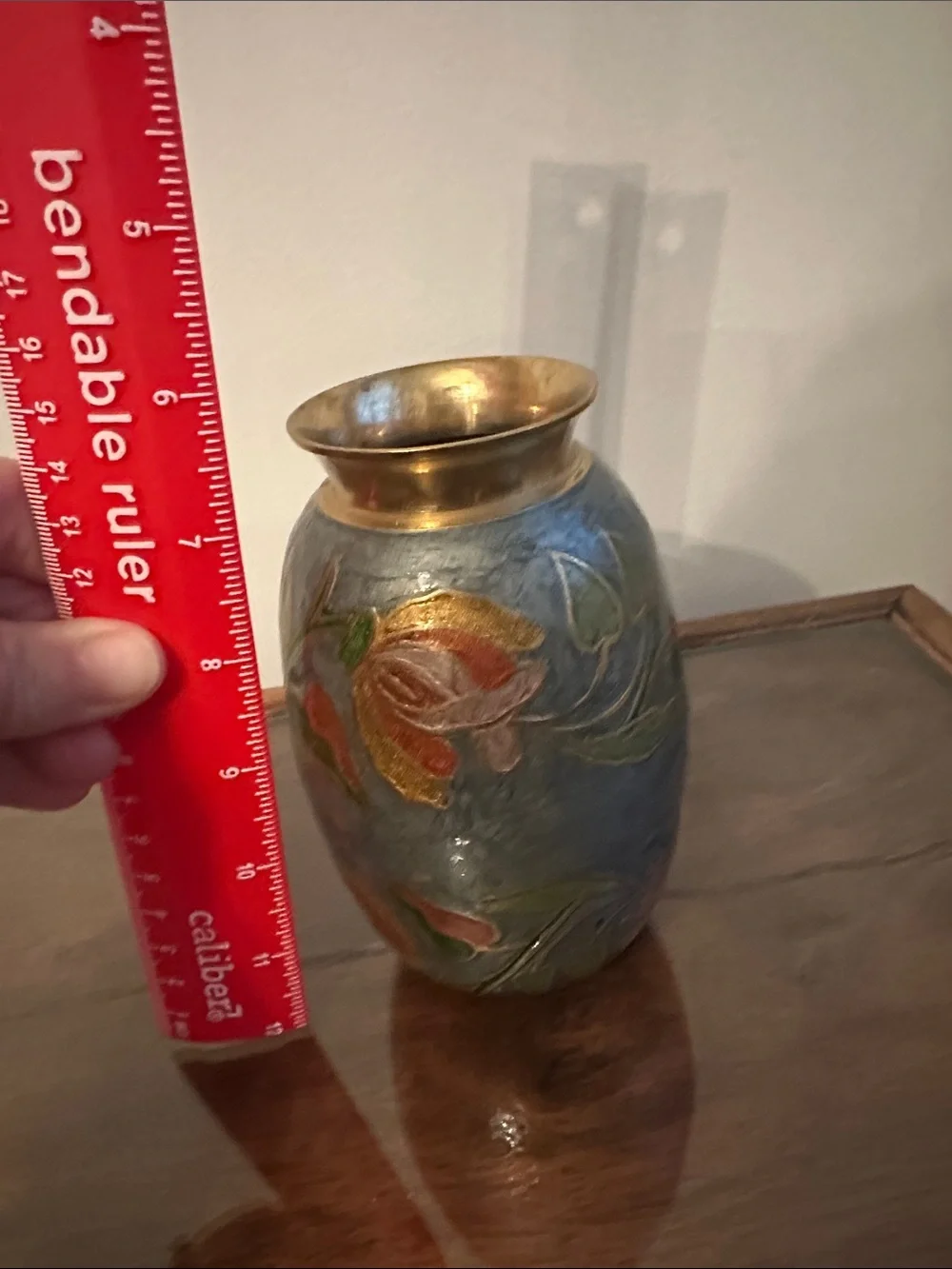 Vintage India Brass-Enamel Floral Vase in Blue and Gold